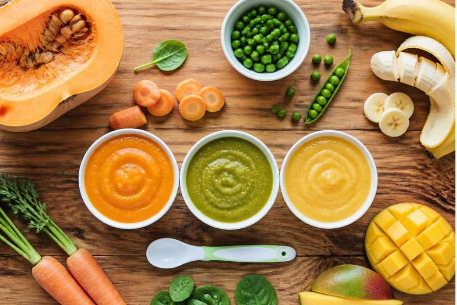 Colorful homemade purées by stage